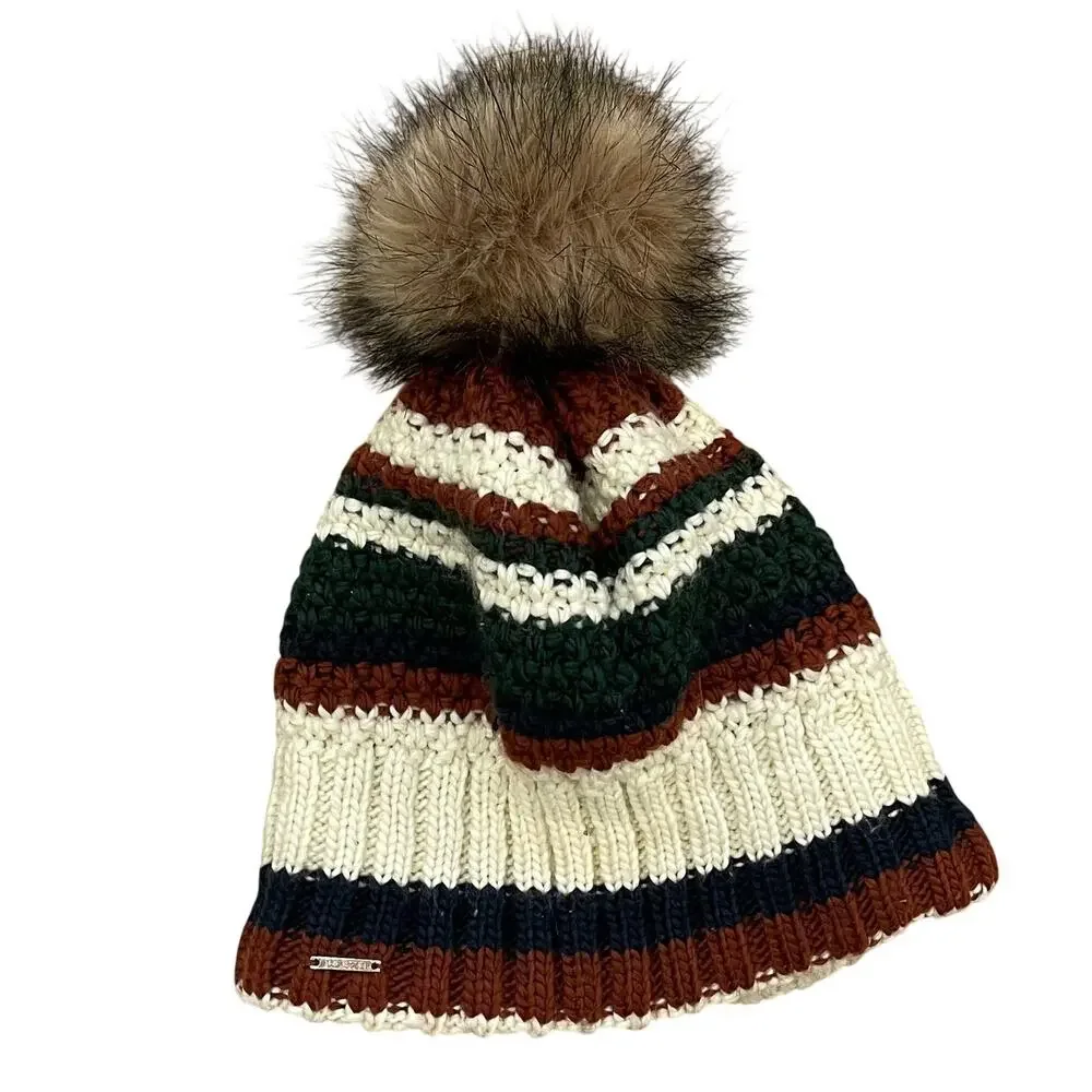 LL Bean Striped Beanie with Faux Fur Pom Pom, Ribbed, Fleece Lined, OS, Unisex